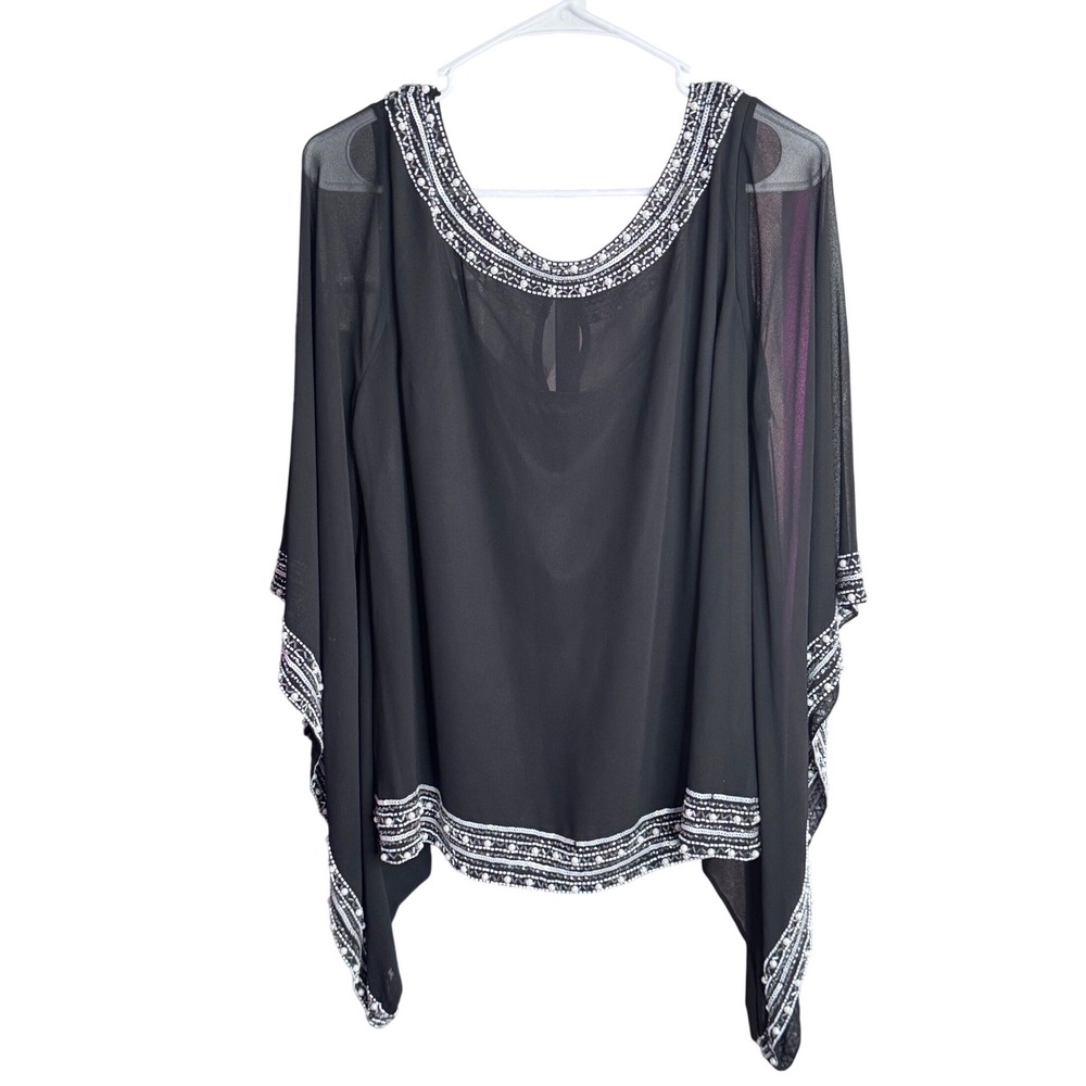 J Kara Black Beaded Chiffon Poncho Blouse Pearl Sequin Evening‎ Top XL NWT